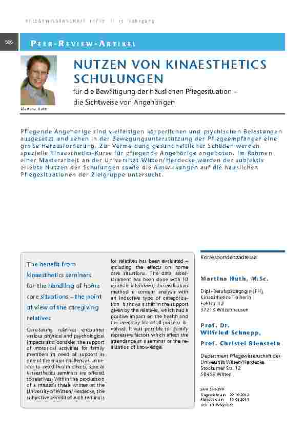 [doc_201320] Nutzen von Kinaesthetics Schulungen für die Bewältigung der häuslichen Pflegesituation – die Sichtweise von Angehörigen